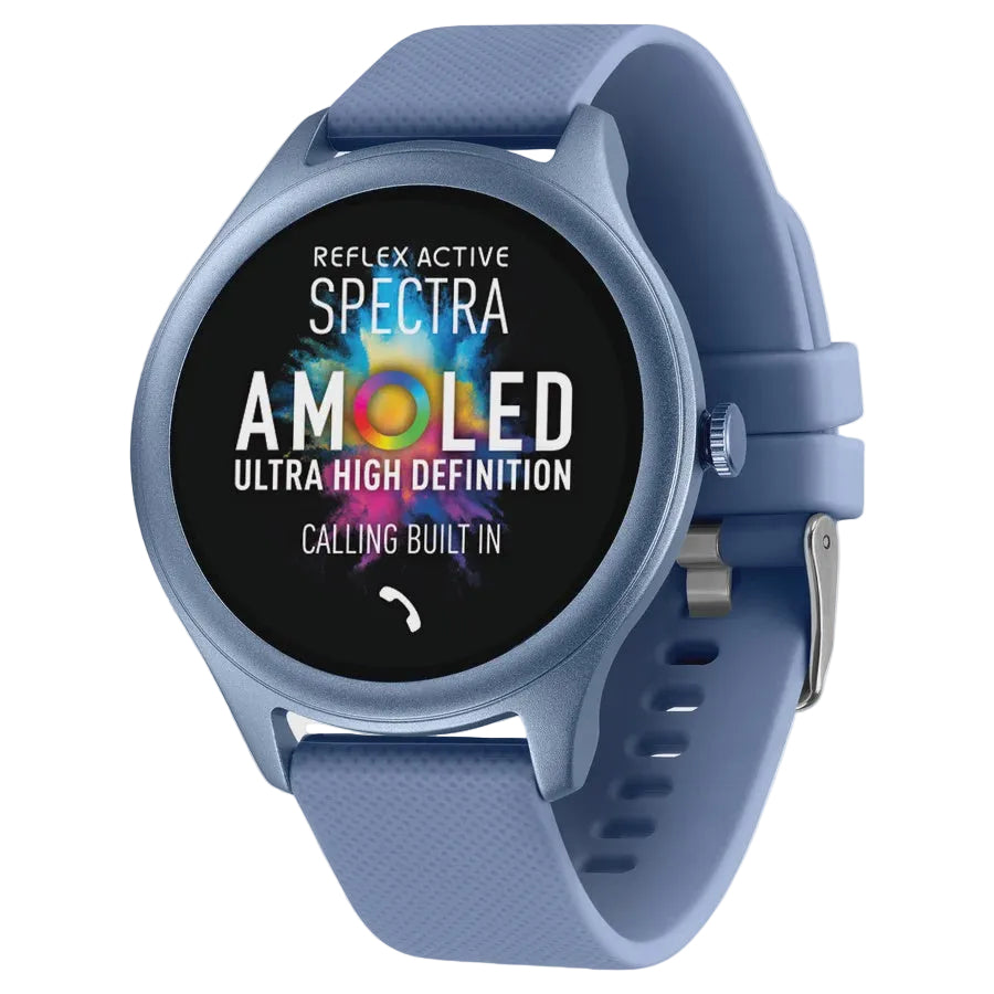 Reflex Active Spectra smartwatch with blue aluminium case, AMOLED display, and textured blue silicone strap
