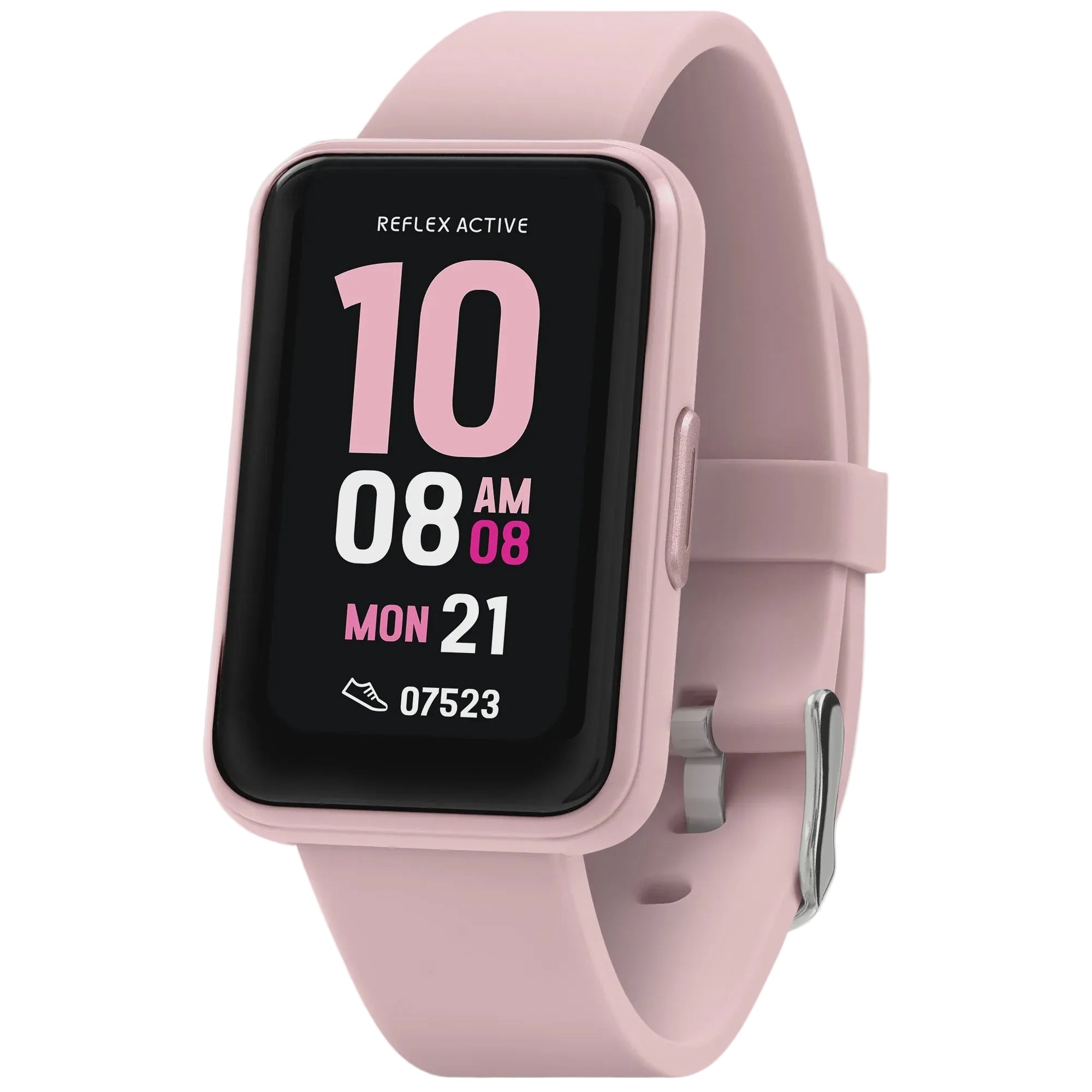 Reflex Active Series 49 RA49-2222 pink rectangular smartwatch with digital display and silicone strap shown at Cassims & Co. Johannesburg