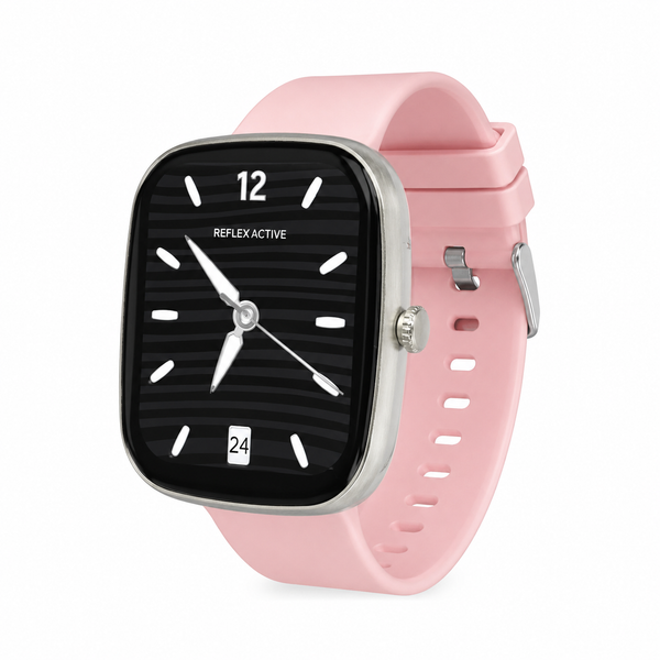 Reflex Active Nexus 100S Lite smartwatch with black dial, pink silicone strap, 39mm curved square case, Bluetooth calling feature