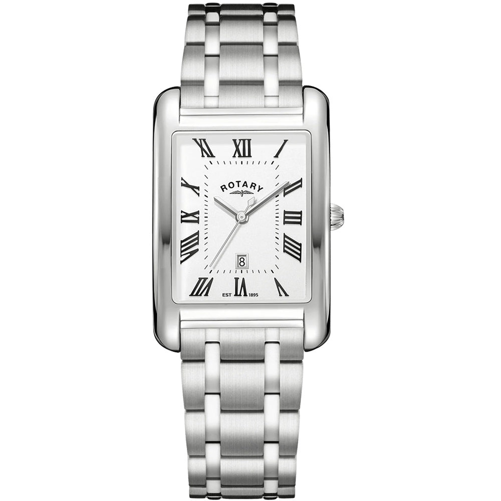 Rotary Heritage Astoria RGB05750/01 quartz watch with white Roman numeral dial, rectangular stainless steel case and integrated bracelet
