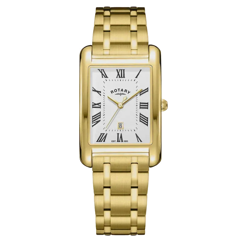 Rotary Heritage Astoria rectangular white dial watch on gold-tone stainless steel bracelet