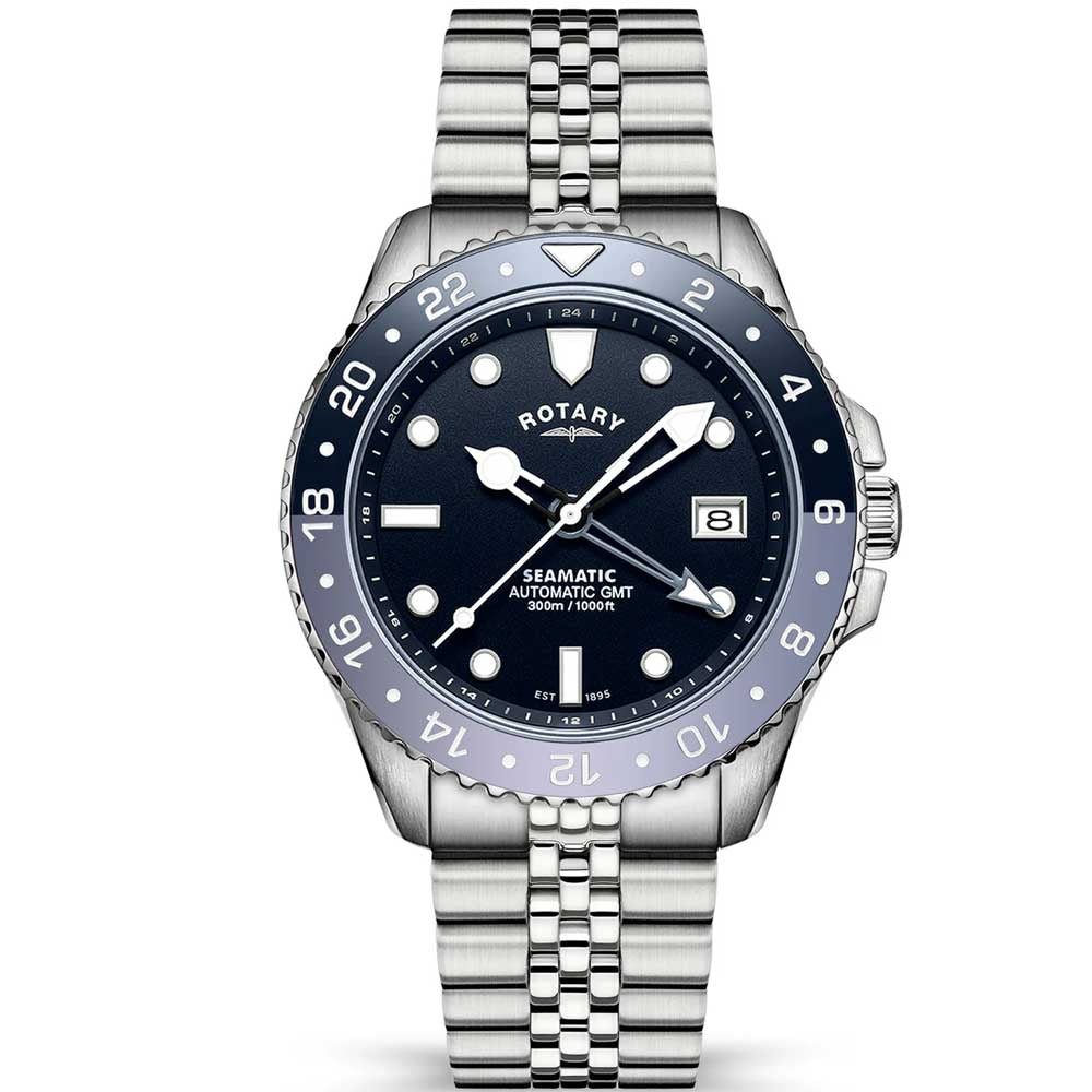 Rotary Seamatic GMT automatic diver watch with blue dial, stainless steel case and jubilee bracelet, 42mm, 300m water resistant