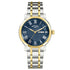 Rotary Heritage RGB10021/05 quartz watch with blue guilloche dial, white Roman numerals, day-date display, and two-tone stainless steel bracelet with gold-tone accents
