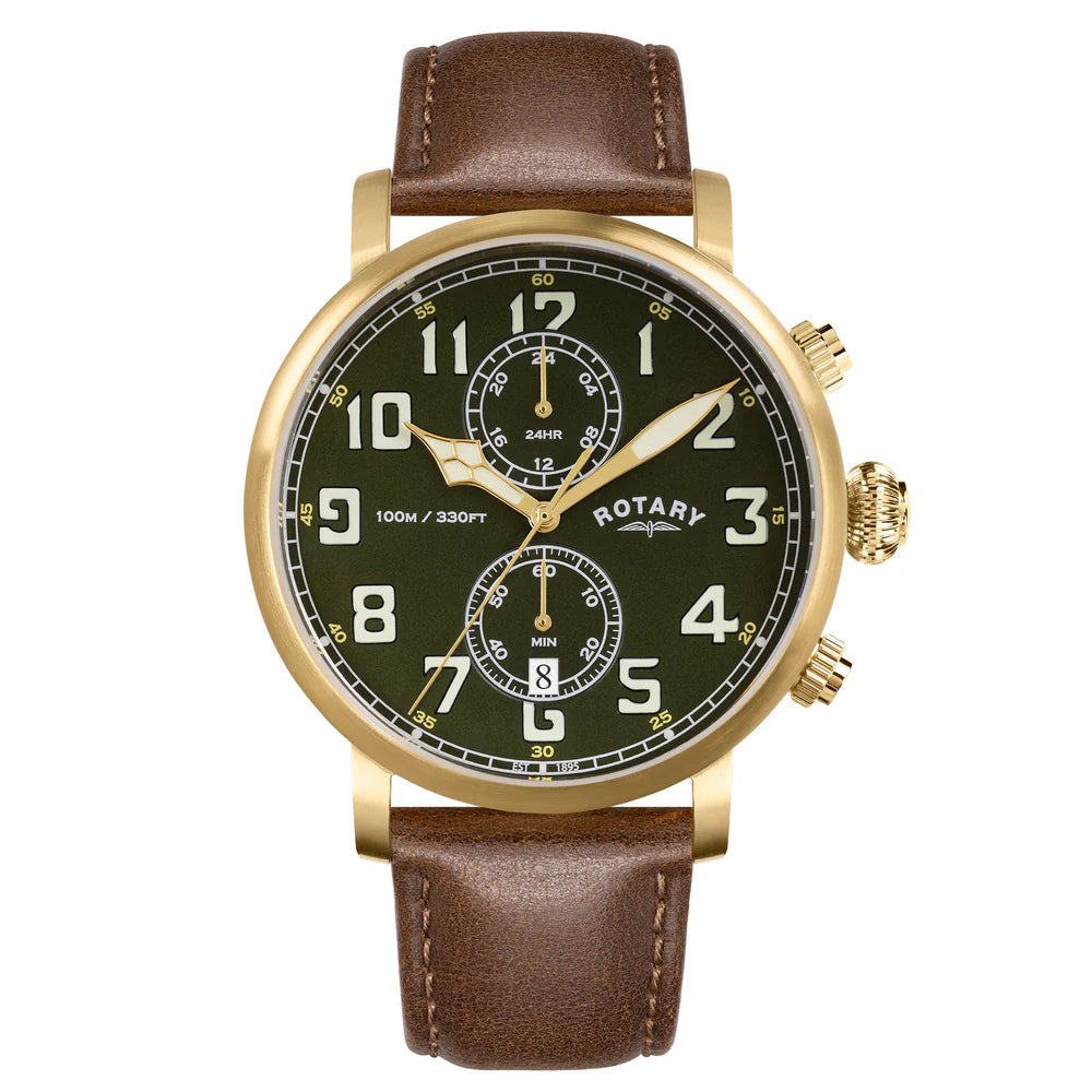 Rotary Apex100 Pilot Chronograph Green Dial Gold PVD Stainless Steel Watch RGS10002/24 with Brown Leather Strap