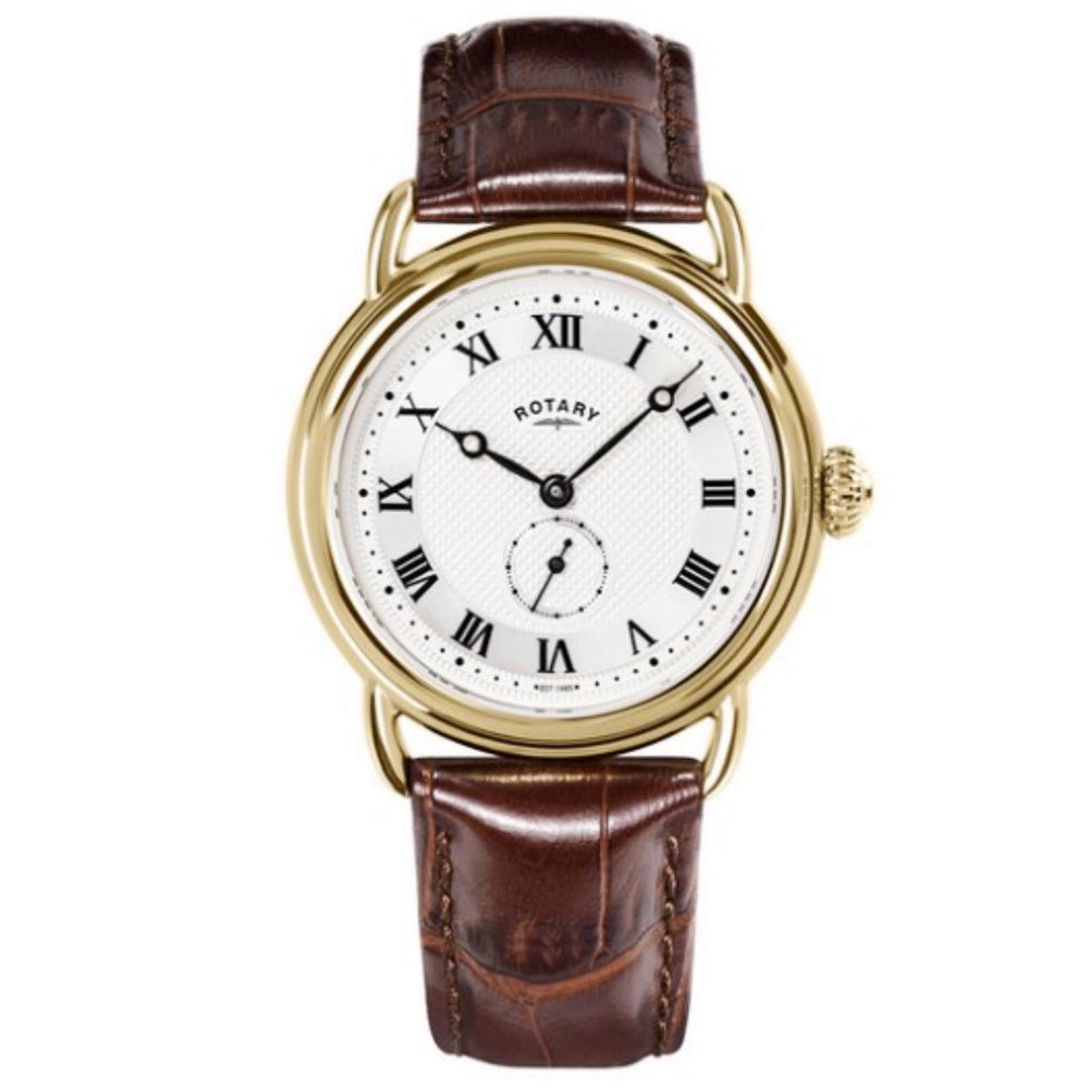 Rotary Heritage Sherlock RGS10014/06 gold PVD quartz watch with white Clous de Paris guilloché dial, Roman numerals, small seconds, and brown embossed leather strap