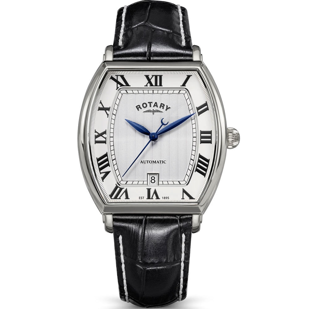 Rotary 1895 Automatic tonneau-shaped stainless steel watch with silver guilloché dial, black Roman numerals, blue hands, and black crocodile-embossed leather strap