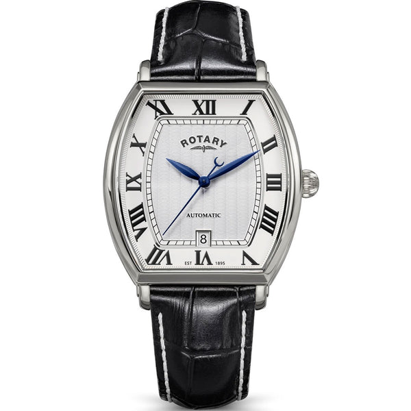 Rotary 1895 Automatic tonneau-shaped stainless steel watch with silver guilloché dial, black Roman numerals, blue hands, and black crocodile-embossed leather strap