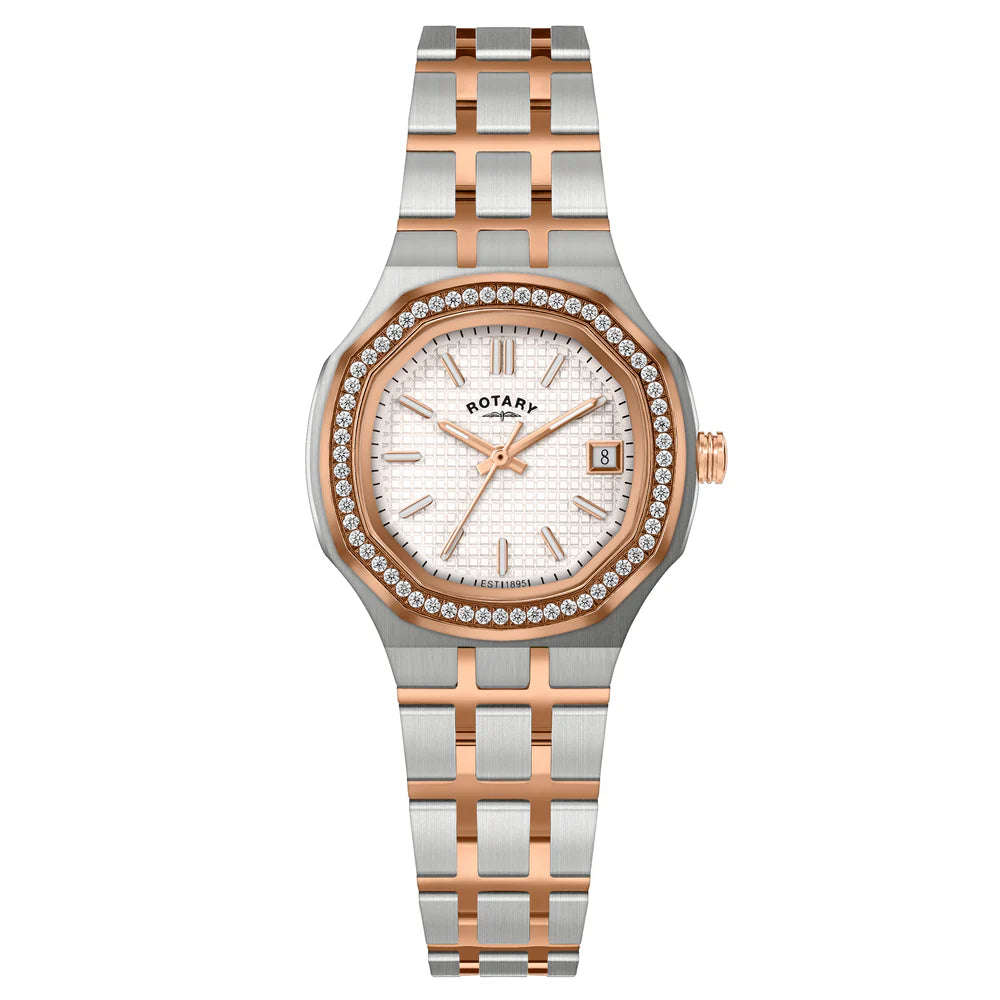 Rotary Brilliance RLB10015/01 ladies quartz watch with white tapisserie dial, crystal-set octagonal bezel, and two-tone rose gold stainless steel bracelet