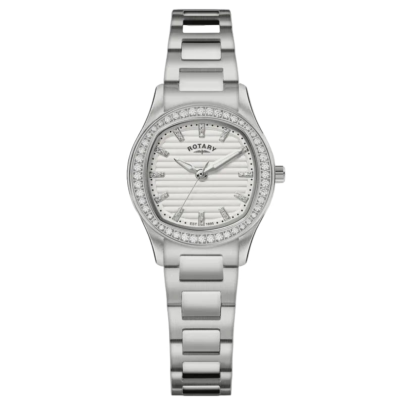 Rotary Brilliance RLB10019/01 ladies watch with 28mm stainless steel case, silver guilloche dial, crystal-set bezel and hour markers, stainless steel bracelet