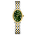 Rotary Heritage Astoria RLB10025/24 ladies quartz watch with deep green sunray dial, white Roman numerals, oval two-tone stainless steel and gold-plated case, multi-link pebble bracelet