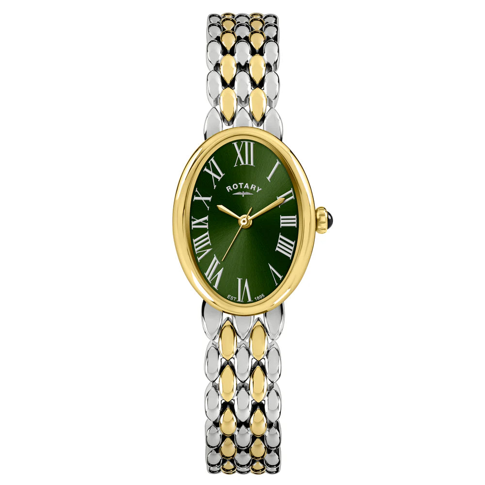 Rotary Heritage Astoria RLB10025/24 ladies quartz watch with deep green sunray dial, white Roman numerals, oval two-tone stainless steel and gold-plated case, multi-link pebble bracelet