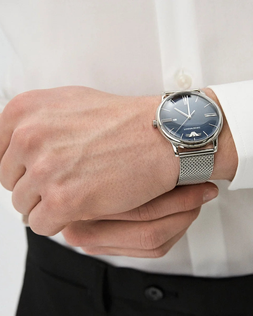 Emporio Armani Minimalist Quartz Blue Sunray Dial Stainless Steel Mesh Watch 42mm (AR11571)