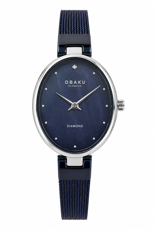 Obaku V312LXCLML Quartz Oval Blue Dial Diamond Ladies Watch (V312LXCLML)