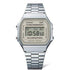 Casio A168WA-8AYDF vintage digital watch with silver LCD dial and integrated stainless steel bracelet on white background