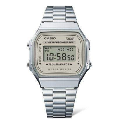 Casio A168WA-8AYDF vintage digital watch with silver LCD dial and integrated stainless steel bracelet on white background