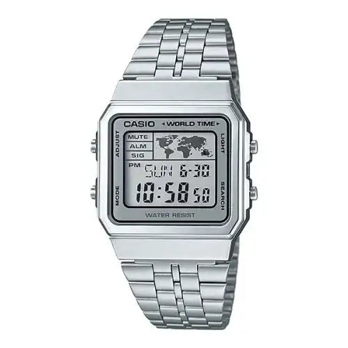 Casio A500WA-7DF digital world time watch with stainless steel bracelet and chrome case showing LCD display with world map