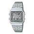 Casio A500WA-7DF digital world time watch with stainless steel bracelet and chrome case showing LCD display with world map
