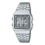 Casio A500WA-7DF digital world time watch with stainless steel bracelet and chrome case showing LCD display with world map