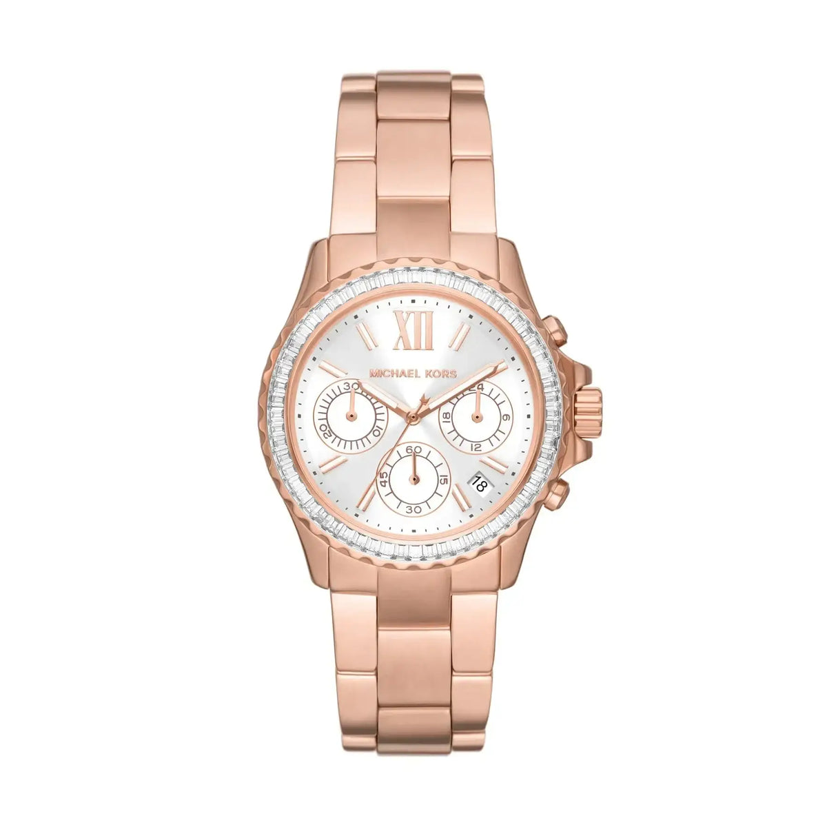Michael Kors Everest MK7213 rose gold chronograph watch with crystal bezel and stainless steel bracelet