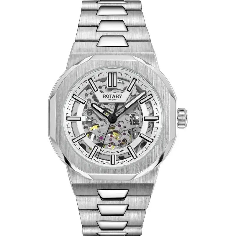Rotary Regent GB05495/06 automatic skeleton dial watch with octagonal stainless steel case and integrated bracelet