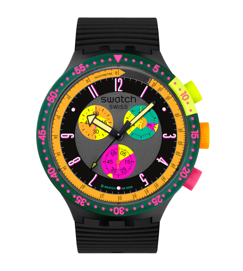 Swatch Neon Seppia SB02B104 quartz chronograph watch with 47mm black polycarbonate case, multi-colour dial featuring neon yellow pink orange accents, black silicone strap, and tachymetre bezel