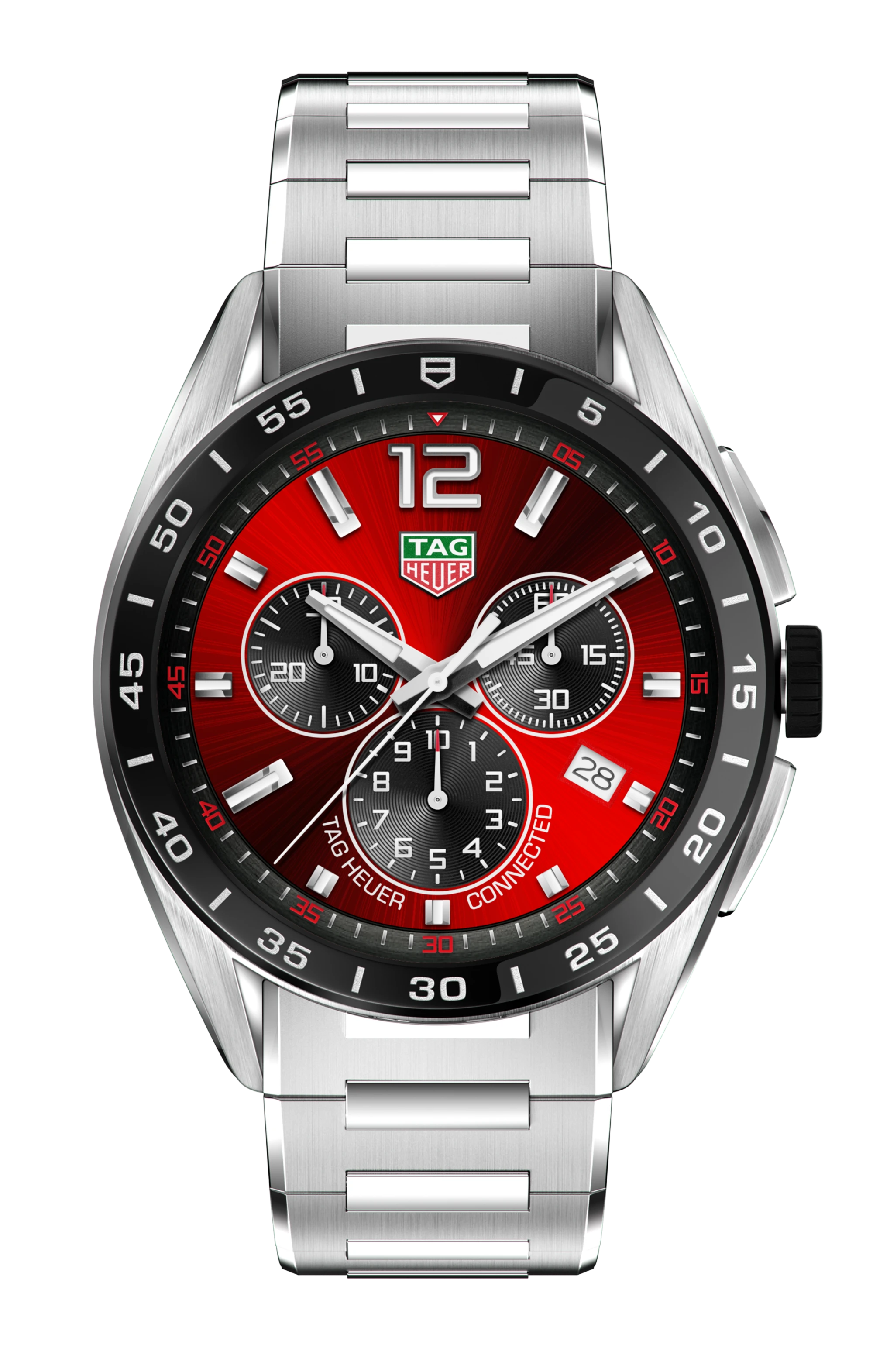 TAG Heuer Connected Calibre E4 smartwatch with red dial, black ceramic bezel, stainless steel case and bracelet, 45mm reference SBR8A10