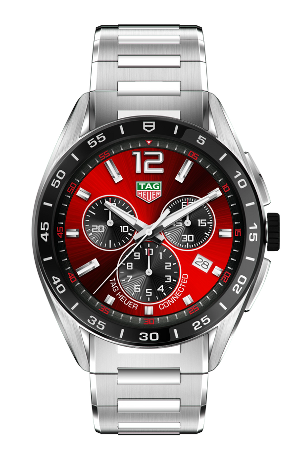 TAG Heuer Connected Calibre E4 smartwatch with red dial, black ceramic bezel, stainless steel case and bracelet, 45mm reference SBR8A10