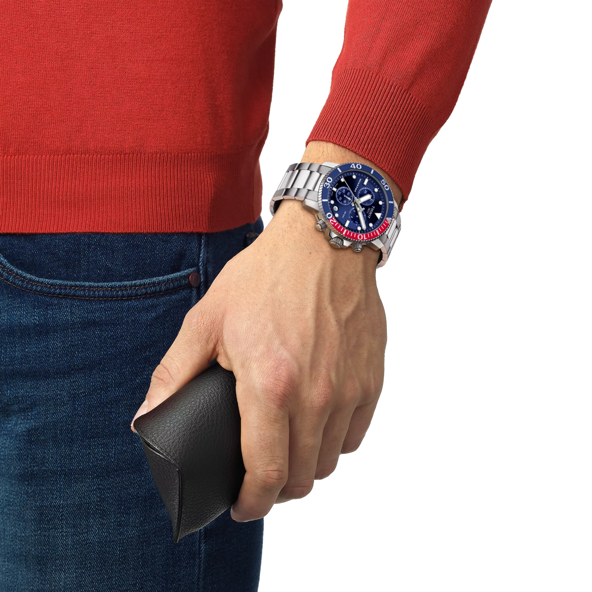 Tissot Seastar 1000 chronograph worn on the wrist showing case size
