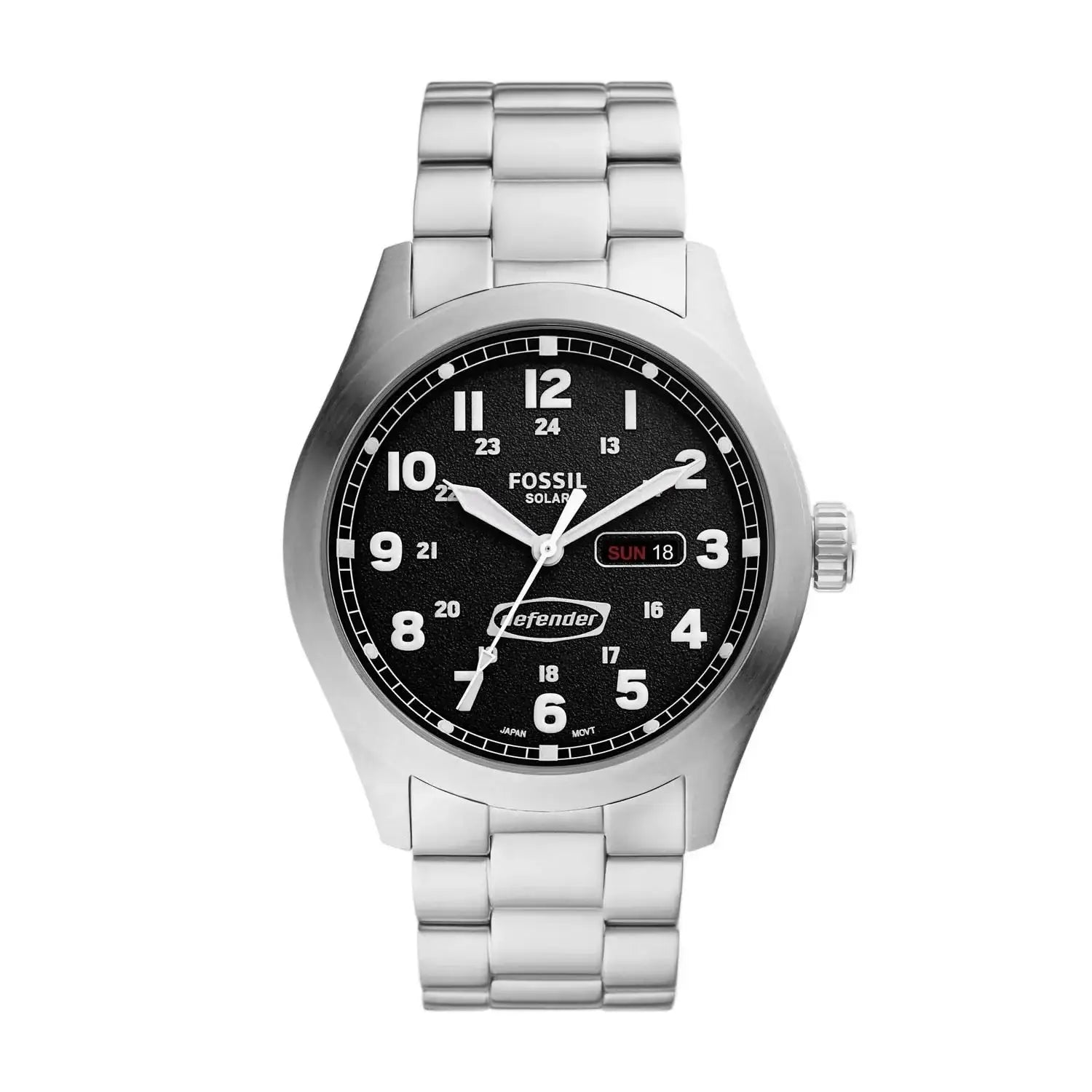 Fossil Defender FS5976 solar-powered black dial stainless steel men's watch with day-date display and 46mm case