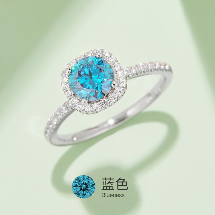 1ct Blue Cushion Cut Moissanite Ring