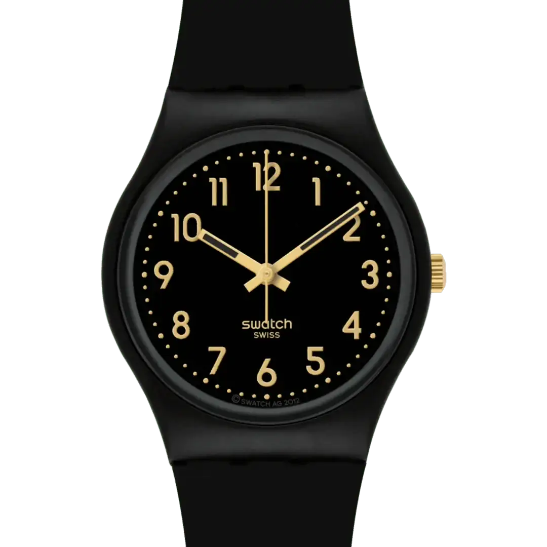 Swatch Golden Tac with black dial and gold-tone Arabic numerals on silicone strap