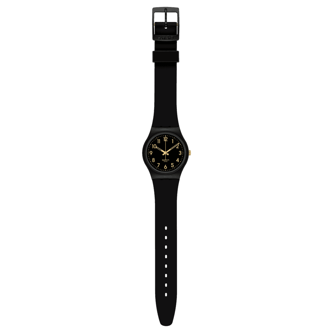 Swatch Golden Tac 34mm round plastic case with gold-tone hands and minute track dots