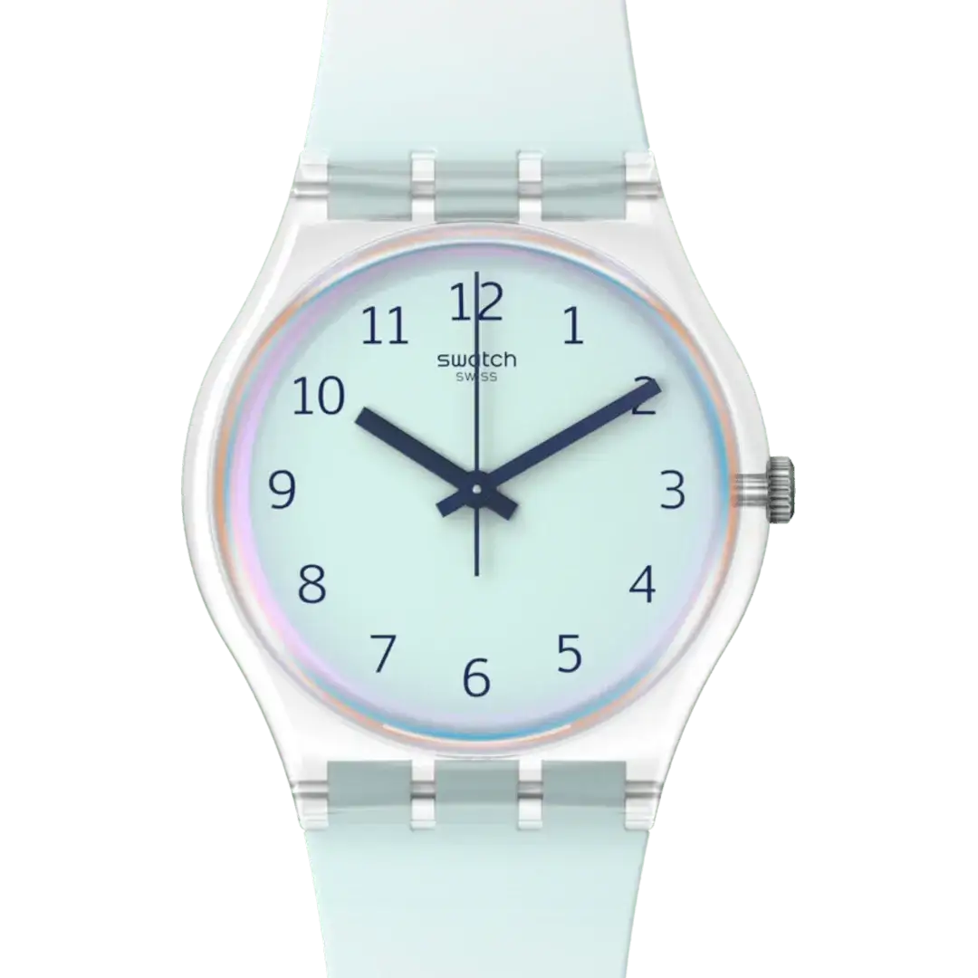Swatch Ultraciel Pay SO28K110-5300 quartz watch with light blue dial, bio-sourced translucent case, and silicone strap with SwatchPay contactless payment