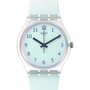 Swatch Ultraciel Pay SO28K110-5300 quartz watch with light blue dial, bio-sourced translucent case, and silicone strap with SwatchPay contactless payment
