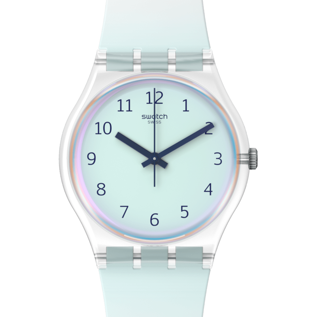 Swatch Ultraciel Pay! SwatchPAY! enabled quartz watch with mint green dial, navy Arabic numerals, transparent bioceramic case, and mint silicone strap