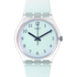 Swatch Ultraciel Pay! SwatchPAY! enabled quartz watch with mint green dial, navy Arabic numerals, transparent bioceramic case, and mint silicone strap