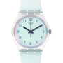 Swatch Ultraciel Pay! SwatchPAY! enabled quartz watch with mint green dial, navy Arabic numerals, transparent bioceramic case, and mint silicone strap