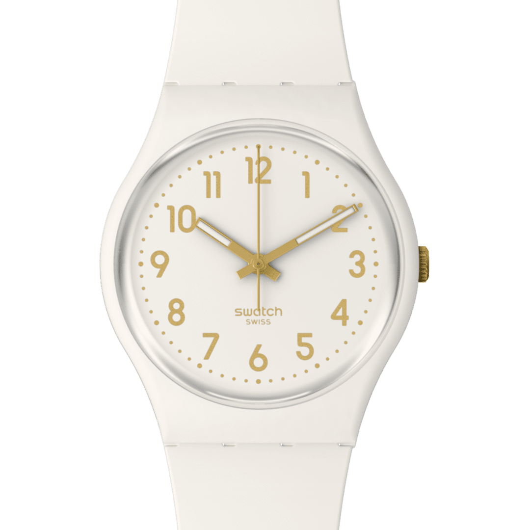 Swatch White Bishop Pay! quartz watch with white polymer case and bracelet, white dial with gold Arabic numerals and SwatchPAY! contactless payment technology
