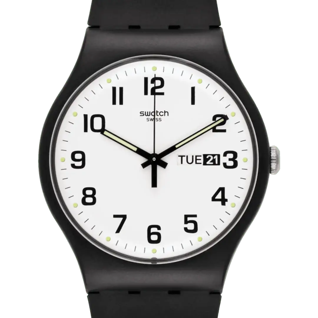 Front view of 41mm round plastic case with luminous hands and minute track