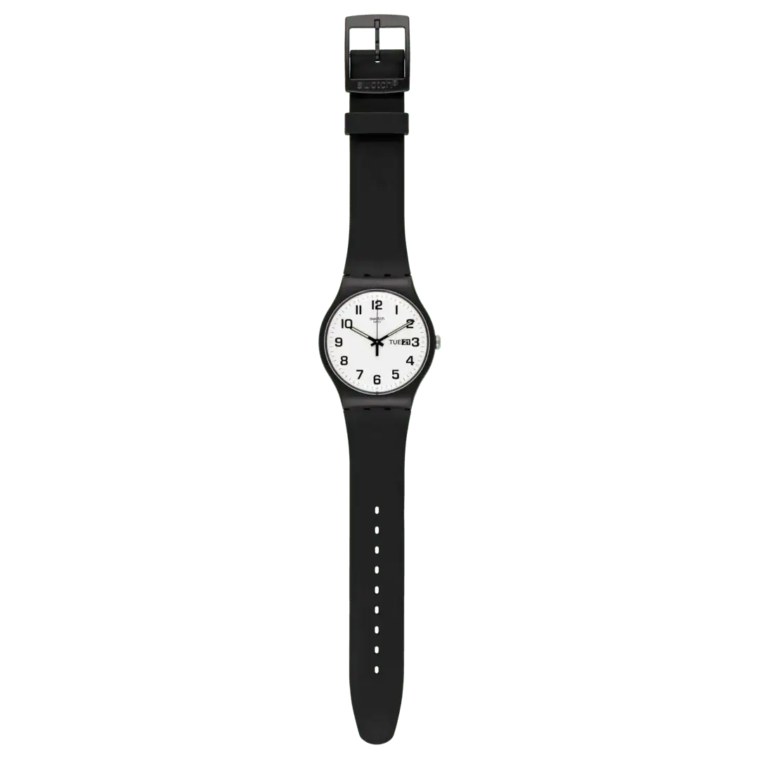 Swatch SO29B703 men's watch showing buckle band and case profile