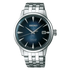 Seiko Presage SRPB41J1 automatic watch with blue sunburst guilloche dial and stainless steel bracelet on white background