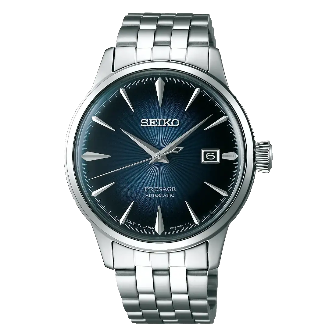 Seiko Presage SRPB41J1 automatic watch with blue sunburst guilloche dial and stainless steel bracelet on white background
