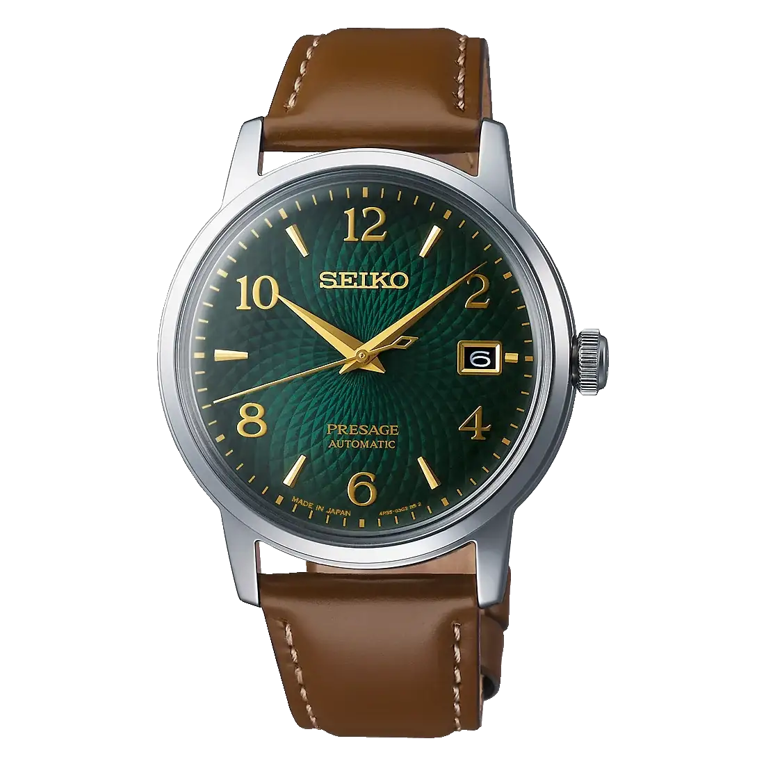 Seiko Presage SRPE45J1 Mojito Automatic Watch Green Sunburst Dial Brown Leather Strap Stainless Steel Case