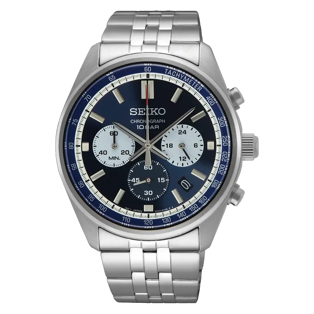 Seiko SSB427P1 chronograph watch with blue sunburst dial, stainless steel case and bracelet, tachymeter bezel