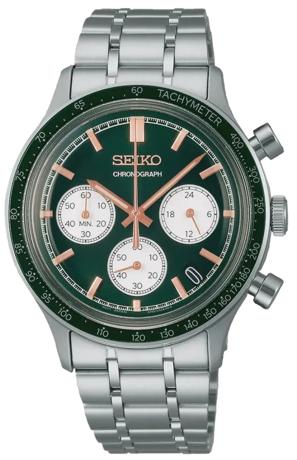 Seiko SSB481P1 quartz chronograph watch with green dial, green tachymeter bezel, rose gold-tone hands and indices, stainless steel case and bracelet