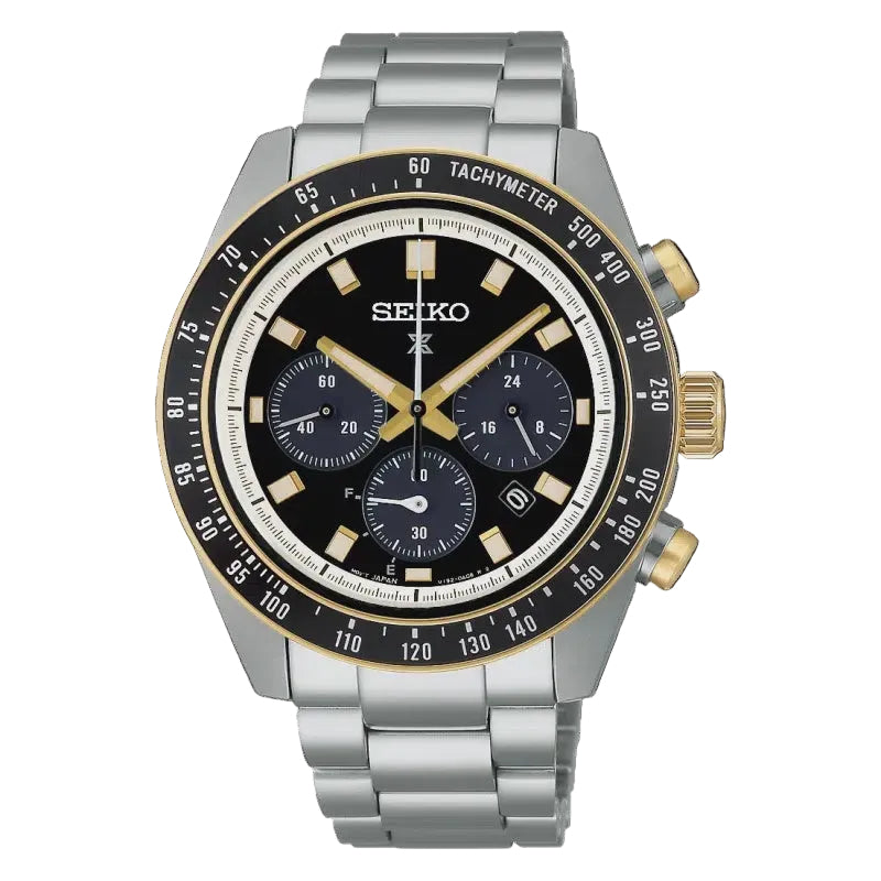 Seiko Prospex Speedtimer SSC941P1 solar chronograph watch with black dial, gold-tone accents, tachymeter bezel, and stainless steel bracelet