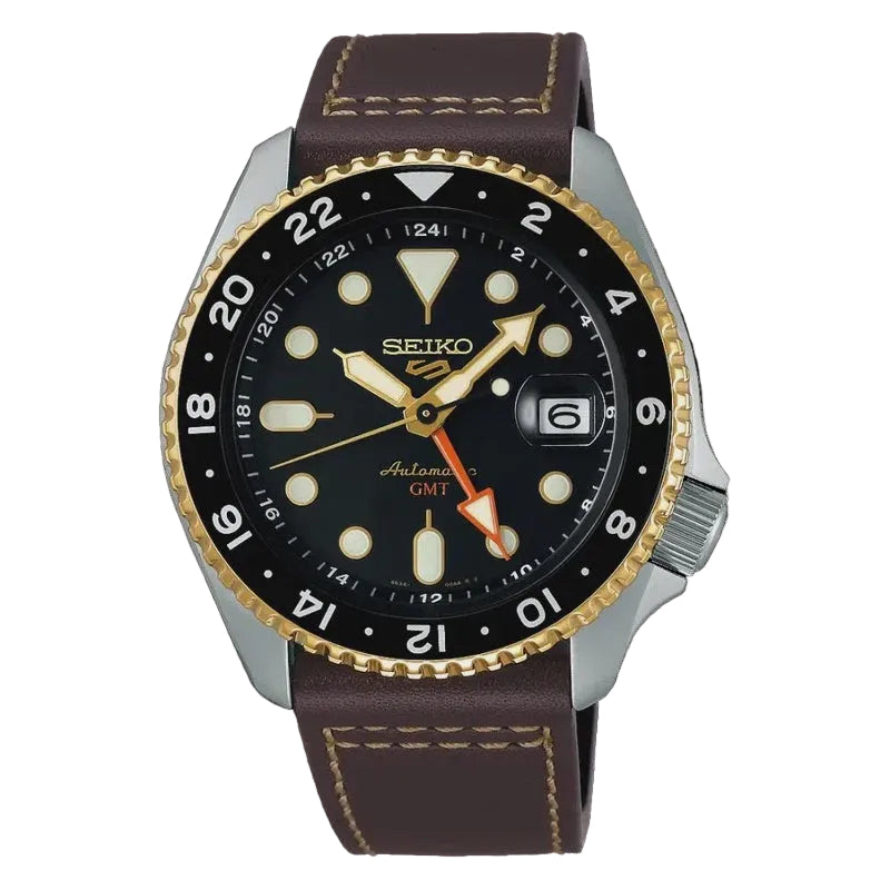 Seiko 5 Sports GMT SSK036K1 automatic watch with black dial, two-tone stainless steel case with gold bezel, orange GMT hand, and brown leather strap