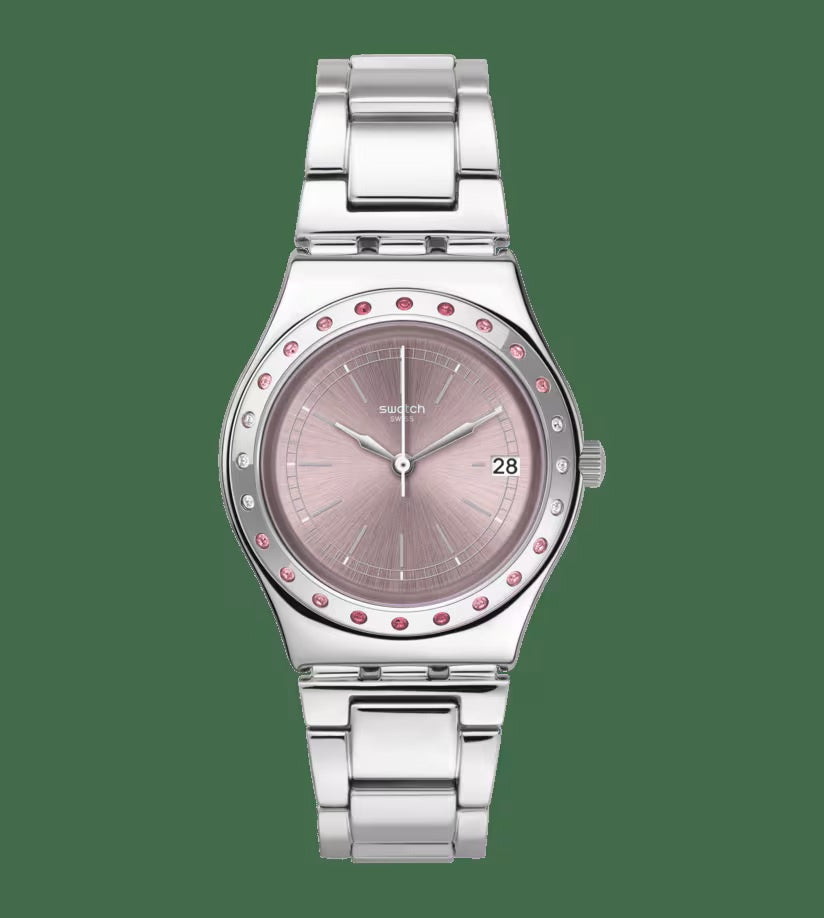Swatch PinkAround YLS455GC pink dial quartz watch with zirconia bezel and stainless steel bracelet