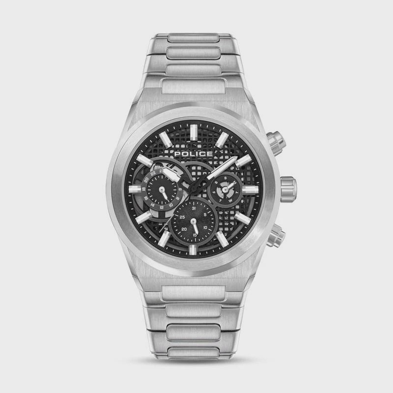 Police Eclipse PEWJK2226706 men's quartz chronograph watch with 45mm stainless steel case, black textured dial with day-date display, and integrated steel bracelet