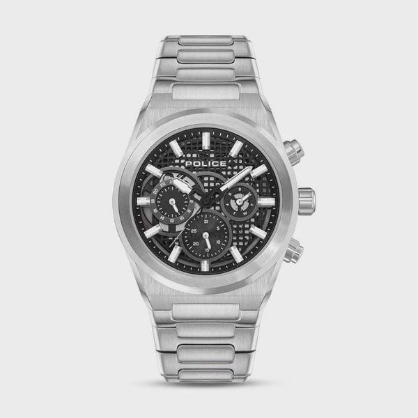 Police Eclipse PEWJK2226706 men's quartz chronograph watch with 45mm stainless steel case, black textured dial with day-date display, and integrated steel bracelet